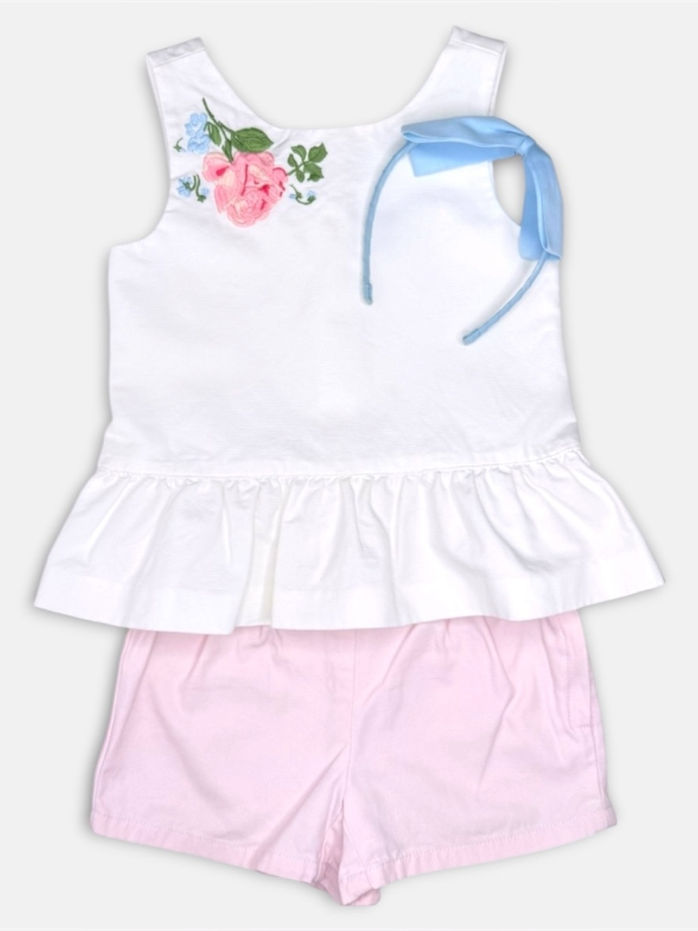 Janie and Jack Girls Size 4 Floral Top Pink Shorts Blue Headband Bow Set 3PC